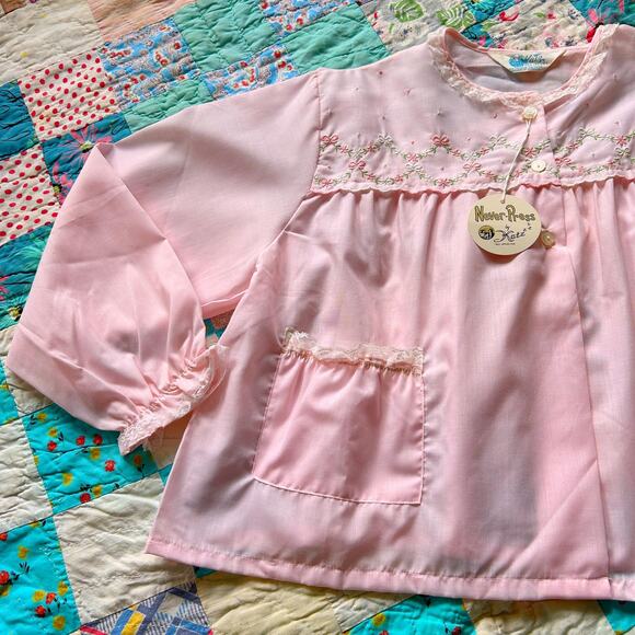 Vintage 50s/60s DEADSTOCK Pink Ruffled + Embroidered Bed Jacket Top M - Picture 1 of 5